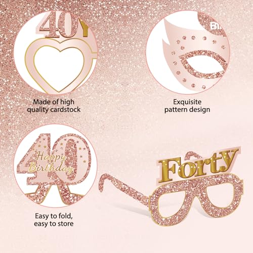 Guiruiy 24PCS 40th Birthday Eyeglasses Decorations for Women, Pink Rose Gold Happy 40th Birthday Paper Eyeglasses Party Supplies, Forty Year Old Bday Glasses Decor - style: Rose Gold 40th