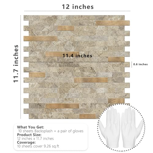 STICKGOO Peel and Stick Backsplash Tile, Stick on Backsplash for Kitchen and Bathroom, Stone Beige Marble Look PVC Mixed Metal Gold Self Adhesive Wall Tiles(10 Sheets) - color: Stone Beige with Metal Gold