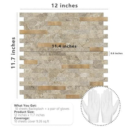 STICKGOO Peel and Stick Backsplash Tile, Stick on Backsplash for Kitchen and Bathroom, Stone Beige Marble Look PVC Mixed Metal Gold Self Adhesive Wall Tiles(10 Sheets) - color: Stone Beige with Metal Gold