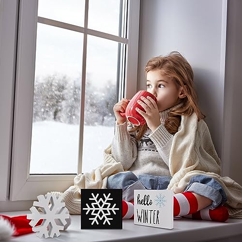 Huwena 6 Pcs Winter Tiered Tray Decor Snowflake Table Signs Hello Winter Wood Blocks Farmhouse Let It Snow Wood Decor for Table Shelf(Cute Style) - style: Cute Style