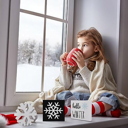 Huwena 6 Pcs Winter Tiered Tray Decor Snowflake Table Signs Hello Winter Wood Blocks Farmhouse Let It Snow Wood Decor for Table Shelf(Cute Style) - style: Cute Style