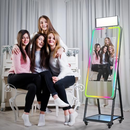 HARZHI Magic Mirror Photo Booth with Printer, 32 Inch Touch Screen, Android 12 System Photo Booth Machine, 12MP 4K Selfie Camera, Free ChackTok Membership, with Flight Case