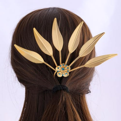Lureme Thai Ethnic Hairpieces Alloy Leaf Hairpin with Rhinestones Hair Accessories for Women(hb000015-3) - color: gold with blue strass