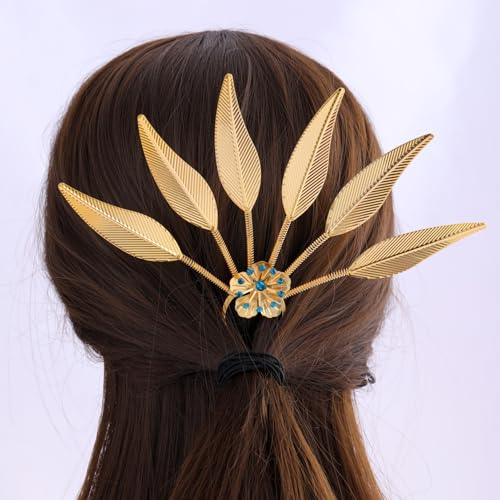 Lureme Thai Ethnic Hairpieces Alloy Leaf Hairpin with Rhinestones Hair Accessories for Women(hb000015-3) - color: gold with blue strass