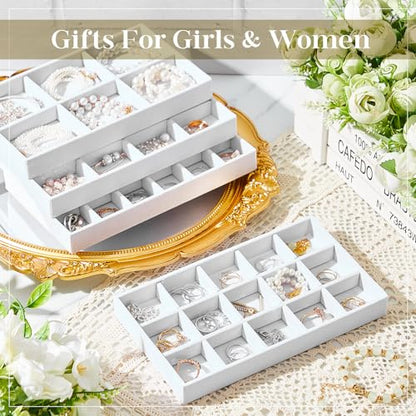 Junkin 12 Pcs Jewelry Tray Velvet Stackable Jewelry Organizer Trays Divided Earring Accessories Storage Containers Box (Rose Red) - color: White
