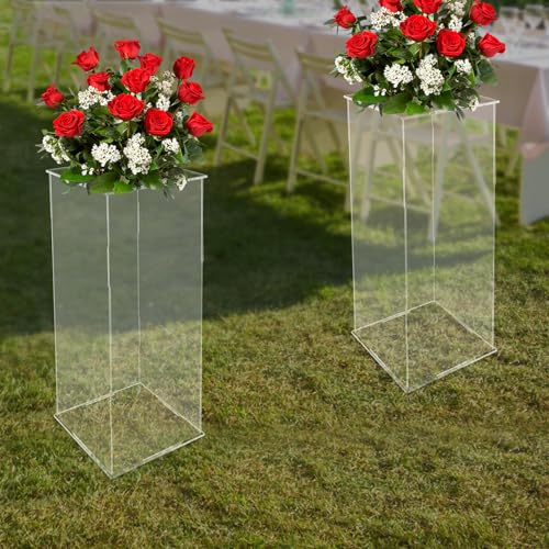2Pcs Acrylic Display Cube Pedestal, Art Sculpture Stand, Acrylic Flower Stand, Clear Display Flower Tower, Dessert Cake Table Display Pillars for Wedding, Birthday, Banquet Parties Decor (9.84 × 9.84 × 23.62in) - size: 9.84 × 9.84 × 23.62in