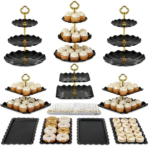Pack of 11 NWK Cake Stand Set, with 3 x Two-Tier and 3 x Three-Tier Cupcake Stands, 4 x Appetizer Trays, 1 x Tablecloth for Birthday Bridal Baby Shower Party (Black) - color: Black