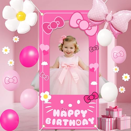 Birthday decorations for girls,Happy Birthday Banner, 35 Balloons,Pink bow Foil Balloon,Photo Booth Props for women (Pink Cat) - color: Pink Cat