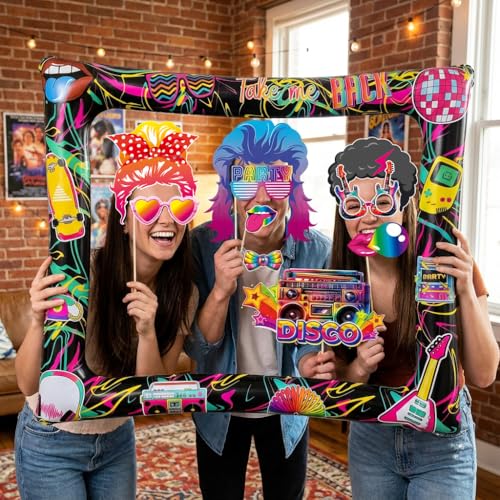 80s Inflatable Photo Frame & Props, 30Pcs Back to The 80s Photo Booth Props with Inflatable Selfie Picture Frame for 1980s Throwback Birthday Party Supplies - color: 80s