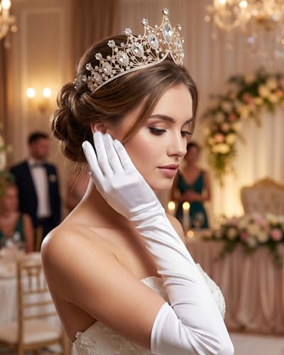 Princess Tiara Crown with Satin Gloves Set Crystal Headpiece for Graduation Prom and Party Photo Props - color: Gold, style: B