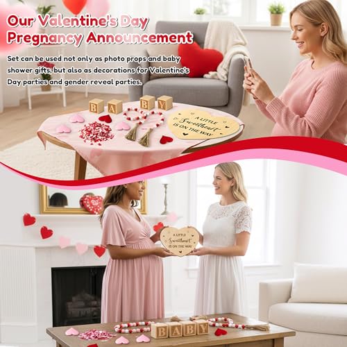 13Pcs Valentine Pregnancy Announcement Set - Coming Soon Baby Announcements Ideas Include Wooden Sign Beads Garland Wood Blocks Sponge Pregnancy Reveal Photo Props for Grandparents Dad Husband Family - color: Red and Pink