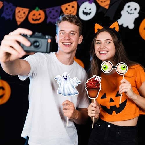 Halloween Photo Booth Props Kit, 24 Pieces DIY Vintage Scary Party Supplies, Vampire Skull Witch Photo Booth Props Kit for Women & Men Dress Up Accessories Costumes Props