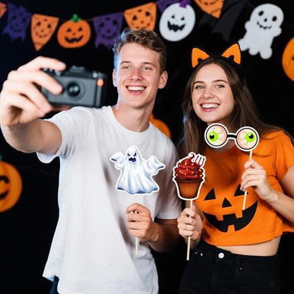 Halloween Photo Booth Props Kit, 24 Pieces DIY Vintage Scary Party Supplies, Vampire Skull Witch Photo Booth Props Kit for Women & Men Dress Up Accessories Costumes Props