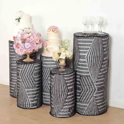 Efavormart Set of 5 Black Sequin Mesh Cylinder Display Box Stand Covers with Geometric Pattern Embroidery, Sparkly Sheer Tulle Pedestal Pillar Prop Covers - color: Black, size: Cylinder sequin geometric cover