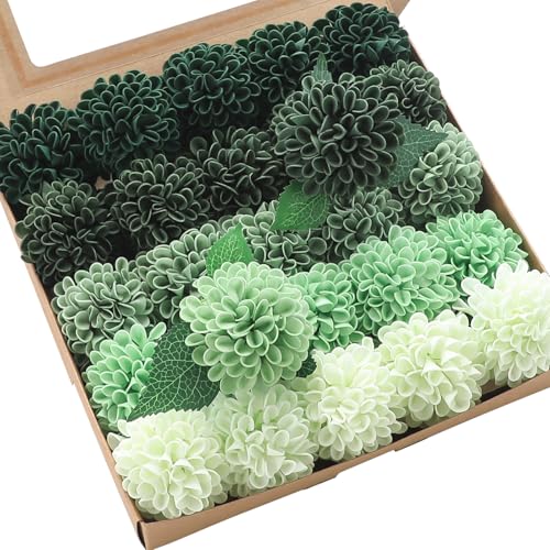 Floroom Artificial Dahlia Flowers 25pcs Real Looking Forest Green Shades Foam Fake Roses with Stems for DIY Wedding Bouquets Bridal Shower Centerpieces Sage Green Floral Arrangements Tables Decoration - color: Shades of Forest