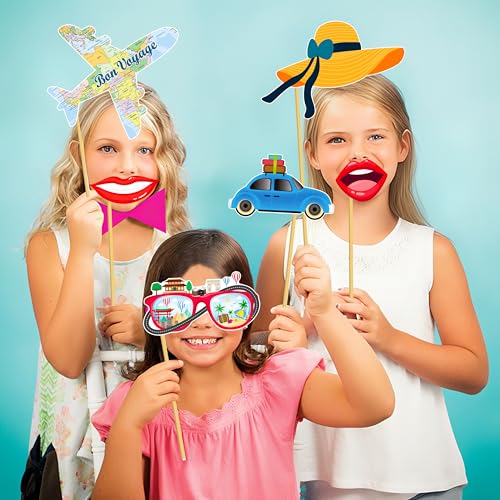 37pcs Travel Theme Party Photo Booth Props Adventure Awaits Party Decorations Let The Adventure Begin Bon Voyage Map Theme Photo Props for Farewell Retirement Around The World Party Supplies
