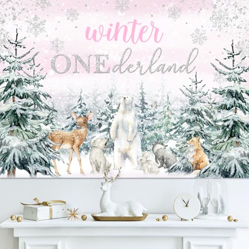 Mocsicka Winter Onederland Backdrop Pink Snowflake Girls First Birthday Photography Background Winter Woodland Animals Happy 1st Birthday Party Banner Decorations Photo Booth Props (6x4ft) - size: 6x4ft