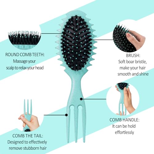 Curly Hair Boar Bristle Curl Defining Brush for Wave Straight Hair, Unique Trident Handle Design Defineing Brush for Wet Dry Hairs Styling Massage Hairbrush Hairs Pick Comb Green - color: curl brush-green-1pc