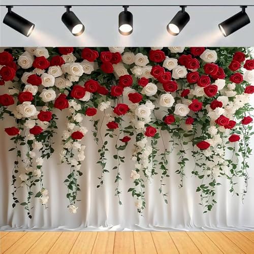 White and Red Rose Floral Theme Backdrops Rose Flowers Vine Leaves Photography Background Bridal Shower Wedding Reception Ceremony Portrait Photo Background (B, 8 * 6feet) - color: B, size: 8*6feet