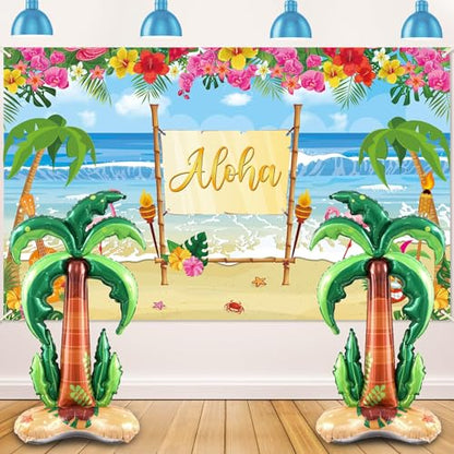 Summer Hawaiian Beach Backdrop for Aloha Luau Party Decor with Inflatable Coconut Tree Foil Balloons Hawaiian Beach Photo Booth Props Banner Palm Tree Balloon for Tropical Sea Palm Birthday Supplies