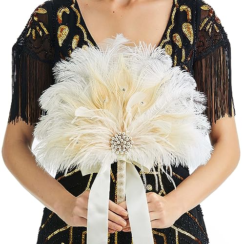 BABEYOND Vintage Bridal Feather Bouquet 1920s Ostrich Feather Fan Crystal Bridesmaid Bouquet 20s Gatsby Wedding Bouquet Flapper Accessories (Apricot) - color: Apricot