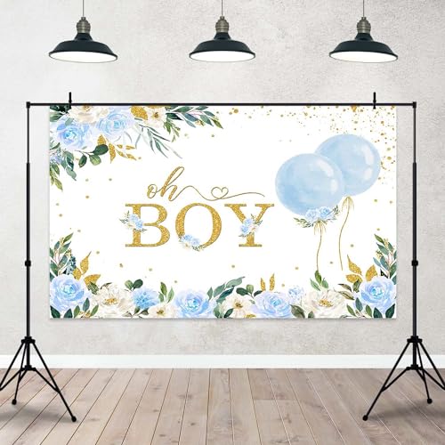 Oh Boy Baby Shower Backdrop - Watercolor Blue Floral Botanical Eucalyptus Blue Balloon Party Decorations Banner & Photo Booth Props (6x3.6ft) - size: 6x3.6ft