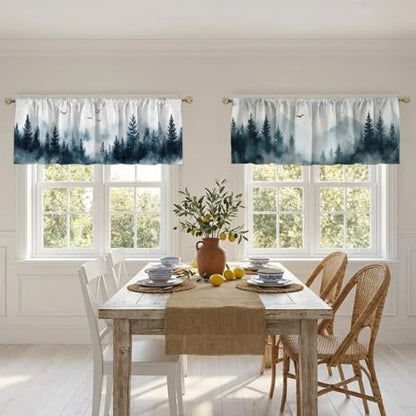 Misty Forest Curtain, Two-Pack, Mist Mountain Bird Watercolor Landscape,Applicable to Bathroom, Bedroom, 54x18 inches. - color: Misty Forest