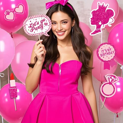 Birthday Decorations for Women,Happy Birthday Banner, 35 Balloons,Photo Booth Props for Girls (Hot Pink) - color: Hot Pink