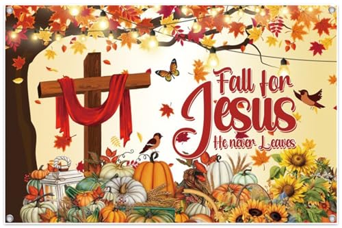 Leowefowa Thanksgiving Banner 6x4ft Polyester Fall for Jesus He Never Leaves Banner Outdoor Happy Thanksgiving Backdrop Fall Decorations for Party Pumpkin Patch Backdrop - color: yellow, size: 6x4ft