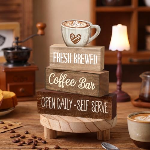 Moucuny 4 Pcs Farmhouse Coffee Bar Signs Decor Wooden Cup Rise & Shine It's Coffee Time Rustic Wood Cafe Sign Gift for Home Kitchen Tabletop Decor - style: Coffee Bar Coffee Bar
