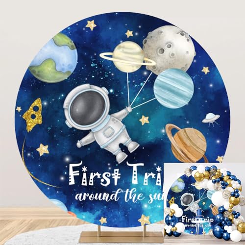 Leyiyi 5x5ft First Trip Around The Sun Round Backdrop Cover Cartoon Outer Space Planet Rocket Little Astronaut Photo Background for Boys Birthday Party Decorations Space Theme Birthday Supplies - size: 5x5ft-Diameter
