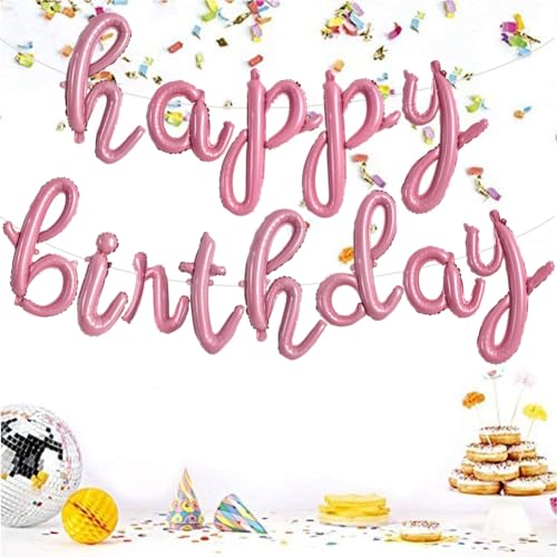 TONIFUL Light Pink Happy Birthday Balloons Banner,Cursive Happy Birthday Balloons Light Pink Birthday Decorations Mylar Foil Birthday for Adults - color: Low Light Pink