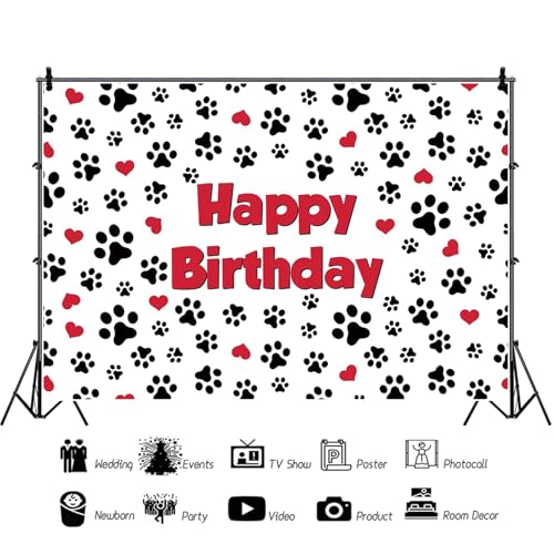 Renaiss 10x8ft Pet Footprints Birthday Backdrop Red Hearts Dog Cat Paw Prints Birthday Background for Photography Pet Themed Happy Birthday Party Banner Cat Dog Footprints Birthday Photo Booth Props - color: Paw792, size: 10x8ft