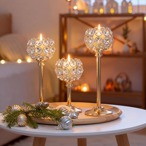 Crystal Candle Holders 2 Set of 6 - Gold Vintage Hollow Ball Candle Stand for Table Centerpiece, Crystal Metal Tealight Candlestick for Wedding, Dining Room Decor - color: Golden, size: 2 Sets(6 Pcs)