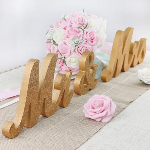 Mr & Mrs Signs Rustic Table Decorations, Freestanding Wooden Letters for Photo Props, Anniversary & Wedding Shower Gift (Rose Gold) - color: Rose gold