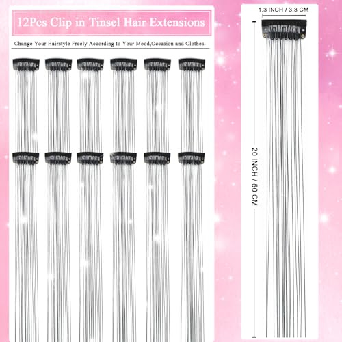Hair Tinsel Clip in 12 Pcs Glitter Tinsel Hair Extensions 20 Inch Fairy Hair Clip in Hair Tinsel Heat Resistant Sparkly Hair Accessories for Girls Women Kids (Black) - color: Black