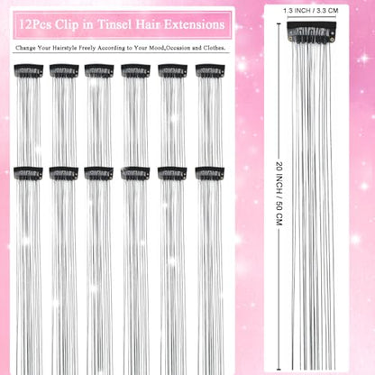 Hair Tinsel Clip in 12 Pcs Glitter Tinsel Hair Extensions 20 Inch Fairy Hair Clip in Hair Tinsel Heat Resistant Sparkly Hair Accessories for Girls Women Kids (Black) - color: Black