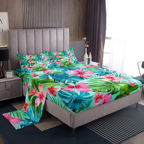 Tropical Leaves Flowers Bed Sheet Set King for Youth Bedroom Decor,Seaside Botanical Plants Fitted Sheet,Summer Colorful Leaves Bedding Set 4Pcs (1 Fitted Sheet+1 Flat Sheet+2 Pillowcases) - color: Green Pink Blue, size: King(w78*l80*h16")