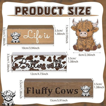 Geelin 4 Pcs Highland Cow Table Decorations Cow Wooden Signs Rustic Tiered Tray Decor Western Tabletop Centerpieces Farmhouse Highland Decor for Home Desk Room Kitchen Shelf - style: Cattle