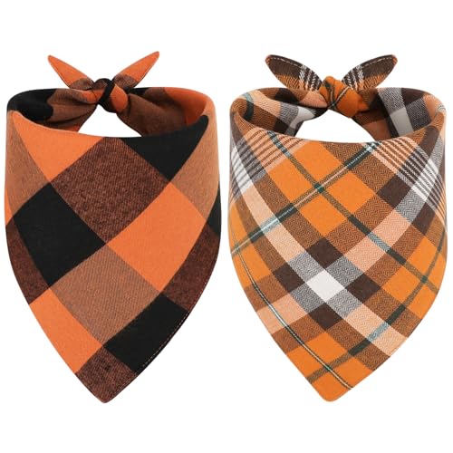Vivifying Hollaween Dog Bandanas, 2 Pack Cotton Triangle Fall & Thanksgiving Plaid Pet Scarves for Small Dogs & Cats, Double-Layer Reversible Autumn Dog Bibs for Daily Wear (S, Yellow & Orange) - color: Yellow & Orange, size: Small