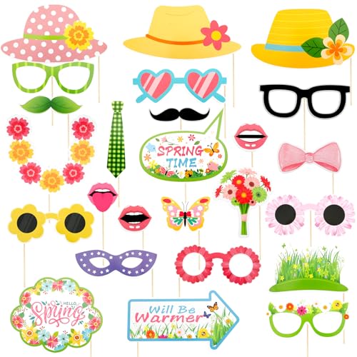 25 Pcs Spring Photo Booth Props Kit Spring Photo Props Party Supplies Favors Decorations Selfie Prop Photography Photobooth Funny Cute Holiday Selfie Supplies Easy to Assemble