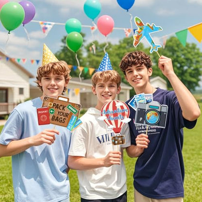 Travel Photo Booth Props,14 Pcs Let The Adventure Begin Travel Theme with Airplane Cameras Compass - Bon Voyage for Journey Birthday Baby Shower Party Decorations