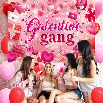 Galentine Gang Banner Backdrop 7x5FT Galentines Day Pink Cosmetics Love Heart Photography Background Valentines Girls Bestie Friend Theme Party Decorations Photo Props