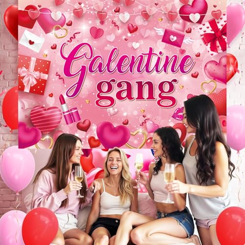 Galentine Gang Banner Backdrop 7x5FT Galentines Day Pink Cosmetics Love Heart Photography Background Valentines Girls Bestie Friend Theme Party Decorations Photo Props