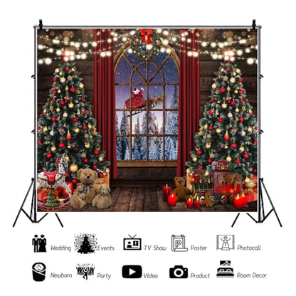Winter Christmas Backdrop Night Xmas Tree Wood Window Santa Claus Reindeer Sleigh Retro Background Holiday Party Banner Photobooth Kid Family Portrait Wall Photoshoot Studio Props 10 * 6.5ft - color: Red purple, size: 10x6.5ft