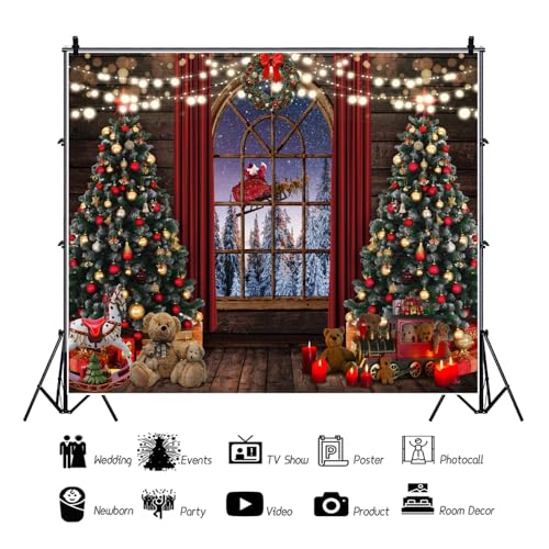 Winter Christmas Backdrop Night Xmas Tree Wood Window Santa Claus Reindeer Sleigh Retro Background Holiday Party Banner Photobooth Kid Family Portrait Wall Photoshoot Studio Props 8 * 6ft - color: Red purple, size: 8x6ft