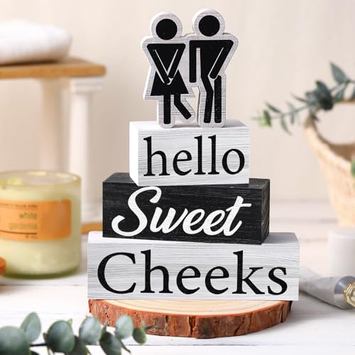 Jetec 4 Pcs Bathroom Shelf Decor Signs Hello Sweet Cheeks Wooden Sign Rustic Toilet Restroom Tabletop Decoration Funny Bathroom Decor for Farmhouse Apartment Shelves Toilet Restroom Home Tabletop Desk - style: Hello Sweet Cheeks