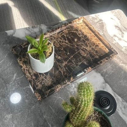 Natural Marble Tray for Bathroom Countertop, Dark Brown Marble Stone Tray for Kitchen Counter (Coffee Net, 12" x 8") - color: Dark Brown
