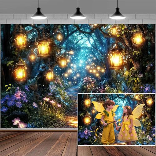 5X3FT Fairy Tale Enchanted Forest Photography Backdrop for Girl Green Woodland Flower Light Lantern Brick Road Party Background Kids Birthday Party Decorations Baby Shower Banner Photo Booth Props - color: Blue, size: 5X3FT