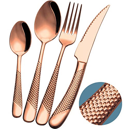 16-Piece Modern Copper Hammered Silverware Set with Ultra Sharp 2-IN-1 Serrated Knife, Rose Gold 18/10 Stainless Steel Flatware Set, Utensil Cutlery Set for 4 Person, Forks Spoons Knives Set - color: Copper